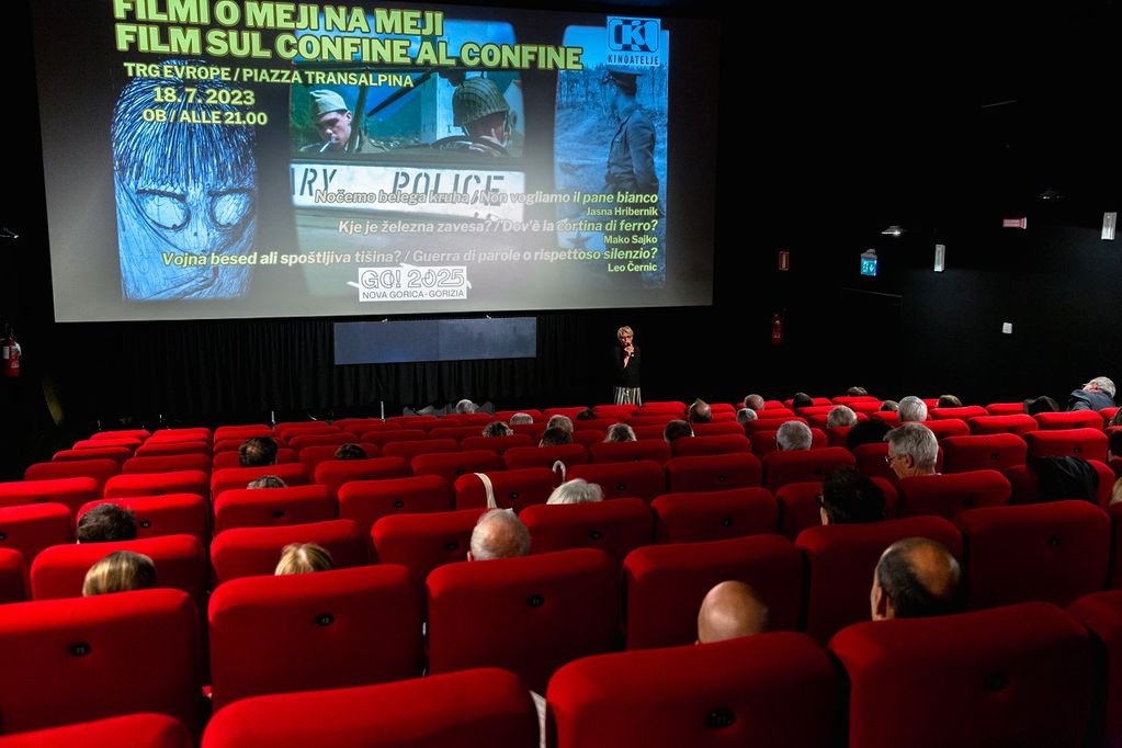 Photo of the hall in which listeners are sitting and listening to the lecturer. On the screen behind the lecturer is a poster with the title \&quot;Films about the border.\&quot;